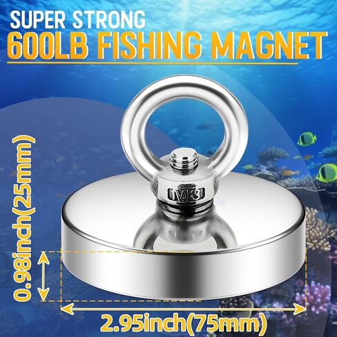 مجموعة صيد مغناطيسية بحبل، مغناطيس صيد يستعيد في النهر وصيد الأدوات، قوة سحب 600 رطل بقطر 2.95 بوصة in Kuwait