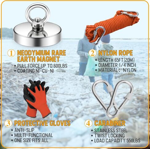 مجموعة صيد مغناطيسية بحبل، مغناطيس صيد يستعيد في النهر وصيد الأدوات، قوة سحب 600 رطل بقطر 2.95 بوصة in Kuwait
