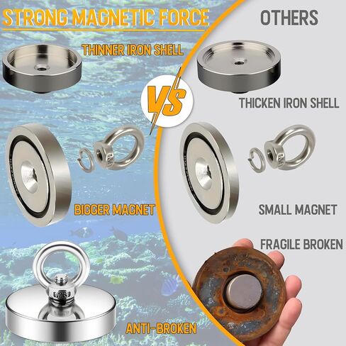 مجموعة صيد مغناطيسية بحبل، مغناطيس صيد يستعيد في النهر وصيد الأدوات، قوة سحب 600 رطل بقطر 2.95 بوصة in Kuwait