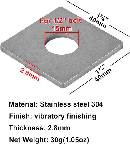 20 Pcs Square Plate Washers 1/2" (ID) x1-5/8"x1-5/8", Stainless Steel 304 Flat Strut Washer, Fastener Hardware, Fit for 1/2" Bolt, Thickness 2.8mm in Saudi Arabia