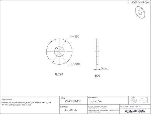 أجزاء صغيرة من النايلون 6/6 غسالة مسطحة، لمسة نهائية سادة، أسود، حجم الفتحة 1/4 بوصة، معرف 0.26 بوصة، 0.69 بوصة القطر الخارجي، 0.06 بوصة السمك الاسمي (عبوة من 100 قطعة) in Kuwait