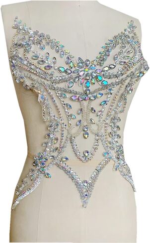 Handmade Rhinestones lace Applique sew on Beads Sequins Trim Patches Accessories for Girl Dress Clothing (ClearAB) in Kuwait