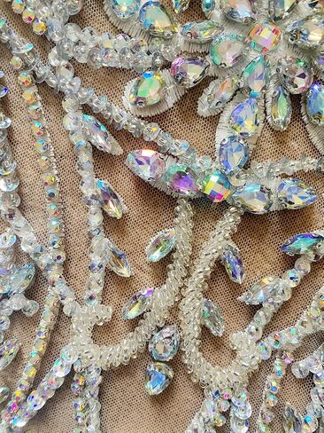 Handmade Rhinestones lace Applique sew on Beads Sequins Trim Patches Accessories for Girl Dress Clothing (ClearAB) in Kuwait