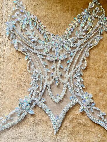 Handmade Rhinestones lace Applique sew on Beads Sequins Trim Patches Accessories for Girl Dress Clothing (ClearAB) in Kuwait