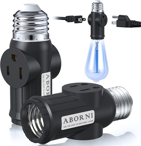 2 Pcs ABORNI 3 Prong Light Socket to Plug Adapter, E26 Light Socket Outlet, FCC Listed Polarized Light Socket Adapter, Light Bulb to 2/3 Prong Outlet Socket Splitter Converter for Garage Porch(Black) in Kuwait