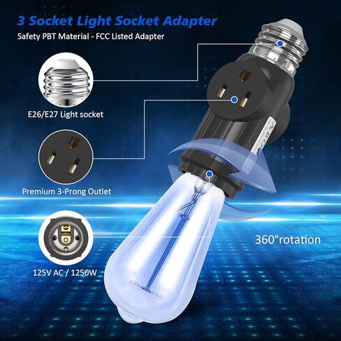 2 Pcs ABORNI 3 Prong Light Socket to Plug Adapter, E26 Light Socket Outlet, FCC Listed Polarized Light Socket Adapter, Light Bulb to 2/3 Prong Outlet Socket Splitter Converter for Garage Porch(Black) in Kuwait