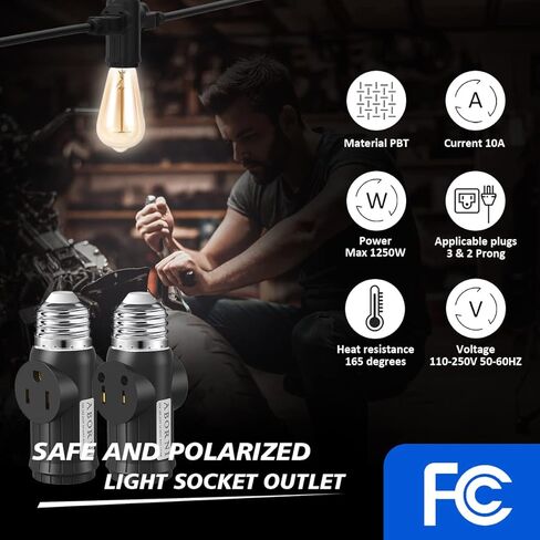 2 Pcs ABORNI 3 Prong Light Socket to Plug Adapter, E26 Light Socket Outlet, FCC Listed Polarized Light Socket Adapter, Light Bulb to 2/3 Prong Outlet Socket Splitter Converter for Garage Porch(Black) in Kuwait