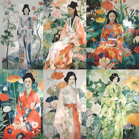 Japanese Ladies Mulberry Rice Paper, 8 x 10.5 inch - 6 Unique Printed Mulberry Paper Pages 30gsm Visible Fibres for Decoupage Crafts Mixed Media Collage Art in Saudi Arabia