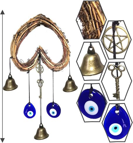 Witch Bells for Door Knob Protection,Heart-Shaped Witchy Wicca Decor Clear Negative Energies with Blue Evil Eyes for Home Garden Courtyard Decor Protection (Round Shaped) in Saudi Arabia