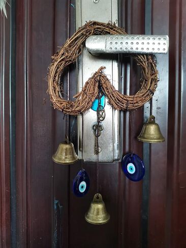 Witch Bells for Door Knob Protection,Heart-Shaped Witchy Wicca Decor Clear Negative Energies with Blue Evil Eyes for Home Garden Courtyard Decor Protection (Round Shaped) in Saudi Arabia