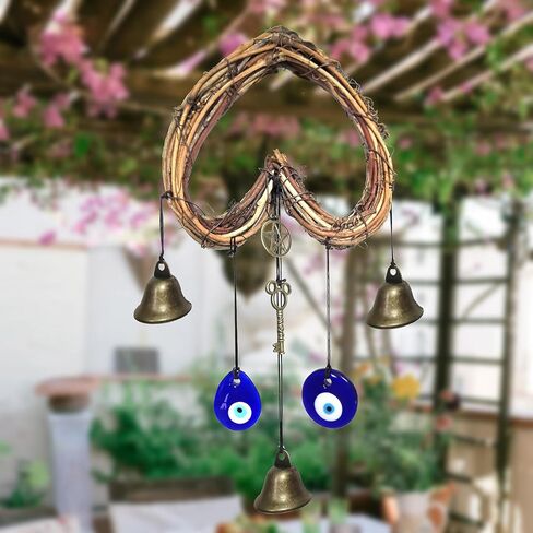 Witch Bells for Door Knob Protection,Heart-Shaped Witchy Wicca Decor Clear Negative Energies with Blue Evil Eyes for Home Garden Courtyard Decor Protection (Round Shaped) in Saudi Arabia