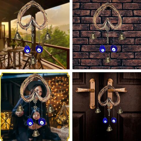 Witch Bells for Door Knob Protection,Heart-Shaped Witchy Wicca Decor Clear Negative Energies with Blue Evil Eyes for Home Garden Courtyard Decor Protection (Round Shaped) in Saudi Arabia