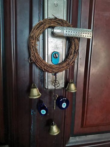 Witch Bells for Door Knob Protection,Heart-Shaped Witchy Wicca Decor Clear Negative Energies with Blue Evil Eyes for Home Garden Courtyard Decor Protection (Round Shaped) in Saudi Arabia