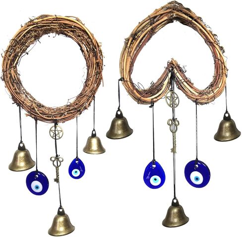 Witch Bells for Door Knob Protection,Heart-Shaped Witchy Wicca Decor Clear Negative Energies with Blue Evil Eyes for Home Garden Courtyard Decor Protection (Round Shaped) in Saudi Arabia