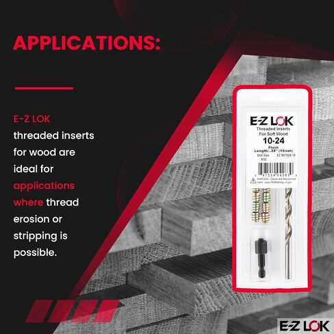E-Z LOK Thread Repair Installation Kit - Includes E-Z Hex Threaded Inserts for Soft Wood, Zinc Alloy, Flush, 10-24 x 10mm Length, Drill, and Drive Tool, (EZ-801024-10) in Saudi Arabia