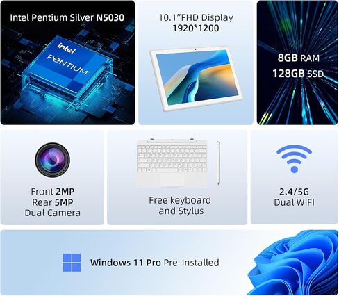 Detachable 2 in 1 Laptop Touchscreen, 8GB DDR4 RAM/128GB SSD, 10.1" Win 11 Tablet with Keyboard, Intel Pentium N5030 (Up 3.1GHz), 2.4G+5G WiFi, Bluetooth, USB3.0, Dual Camera in Saudi Arabia