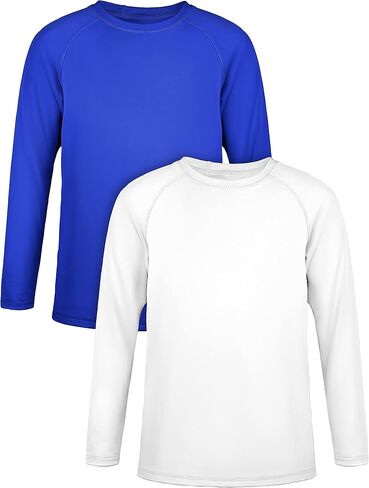 2 Pack Youth Boys UPF 50+ Rashguard Long Sleeve Dry-fit Shirts Sunscreen Swim Athletic Surf Shirt for Summer Outdoor in Saudi Arabia