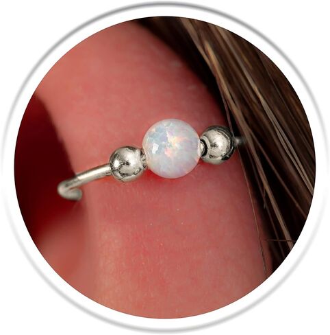 925 Sterling Silver Helix Ring Hoop With Green Opal - 20G Cartilage Hoop Earring - Handmade Piercing Hoop in Kuwait