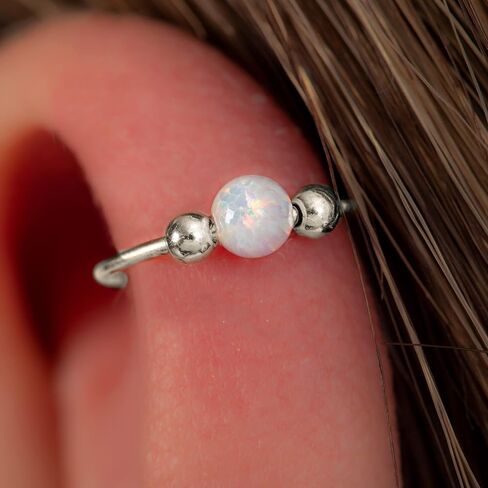 925 Sterling Silver Helix Ring Hoop With Green Opal - 20G Cartilage Hoop Earring - Handmade Piercing Hoop in Kuwait