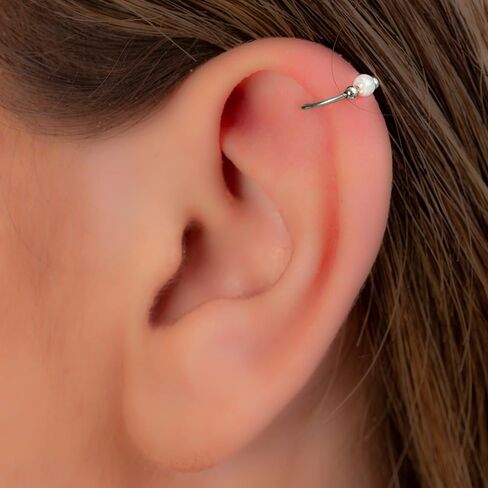 925 Sterling Silver Helix Ring Hoop With Green Opal - 20G Cartilage Hoop Earring - Handmade Piercing Hoop in Kuwait