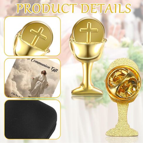 2 Pcs First Communion Religious Pin Set Gold Silver First Communion Chalice Tie Pin First Communion Lapel Pin Gift First Holy Communion Chalice Cross Lapel Pin for Kids with Box Prayer Card in Saudi Arabia