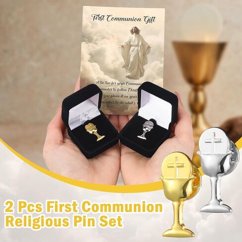 2 Pcs First Communion Religious Pin Set Gold Silver First Communion Chalice Tie Pin First Communion Lapel Pin Gift First Holy Communion Chalice Cross Lapel Pin for Kids with Box Prayer Card in Saudi Arabia