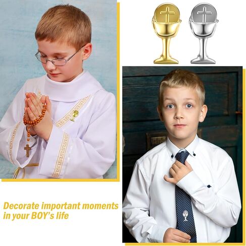 2 Pcs First Communion Religious Pin Set Gold Silver First Communion Chalice Tie Pin First Communion Lapel Pin Gift First Holy Communion Chalice Cross Lapel Pin for Kids with Box Prayer Card in Saudi Arabia