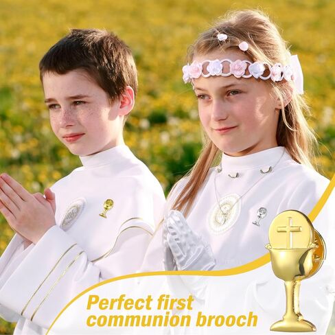 2 Pcs First Communion Religious Pin Set Gold Silver First Communion Chalice Tie Pin First Communion Lapel Pin Gift First Holy Communion Chalice Cross Lapel Pin for Kids with Box Prayer Card in Saudi Arabia