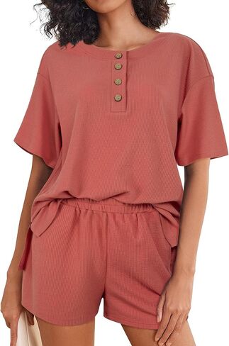 Waffle Knit Lounge Set Shorts Sets Women 2 Piece Outfits Matching Sets Casual Pajama Sets in Kuwait