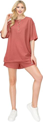Waffle Knit Lounge Set Shorts Sets Women 2 Piece Outfits Matching Sets Casual Pajama Sets in Kuwait