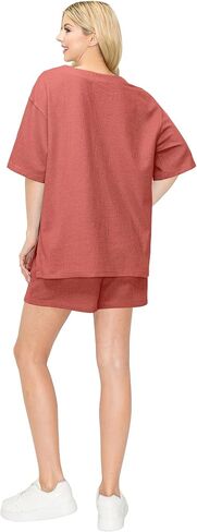 Waffle Knit Lounge Set Shorts Sets Women 2 Piece Outfits Matching Sets Casual Pajama Sets in Kuwait