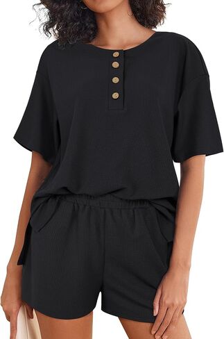 Waffle Knit Lounge Set Shorts Sets Women 2 Piece Outfits Matching Sets Casual Pajama Sets in Kuwait