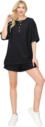 Waffle Knit Lounge Set Shorts Sets Women 2 Piece Outfits Matching Sets Casual Pajama Sets in Kuwait
