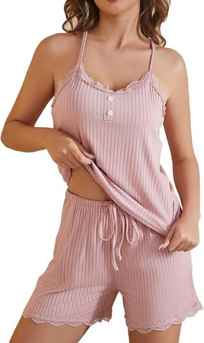 difficort Womens Pajama Sets Ribbed Knit Sleepwear Lace Cami Shorts Pj Set with Pockets in Saudi Arabia