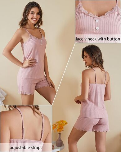 difficort Womens Pajama Sets Ribbed Knit Sleepwear Lace Cami Shorts Pj Set with Pockets in Saudi Arabia
