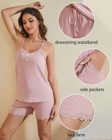 difficort Womens Pajama Sets Ribbed Knit Sleepwear Lace Cami Shorts Pj Set with Pockets in Saudi Arabia