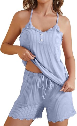 difficort Womens Pajama Sets Ribbed Knit Sleepwear Lace Cami Shorts Pj Set with Pockets in Saudi Arabia