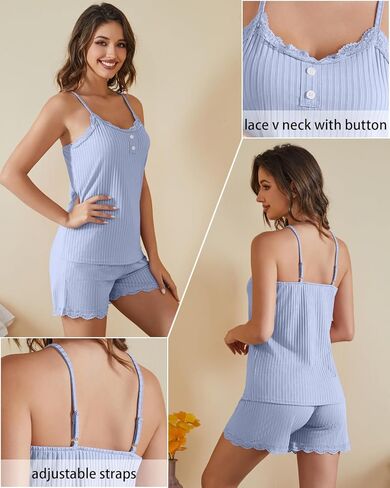 difficort Womens Pajama Sets Ribbed Knit Sleepwear Lace Cami Shorts Pj Set with Pockets in Saudi Arabia
