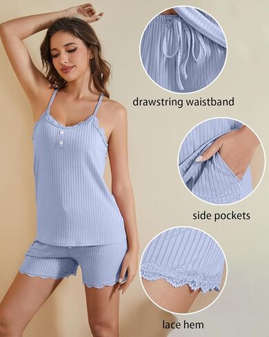 difficort Womens Pajama Sets Ribbed Knit Sleepwear Lace Cami Shorts Pj Set with Pockets in Saudi Arabia