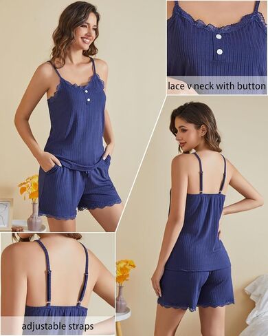 طقم بيجامة نسائي من difficort ملابس نوم منسوجة مضلعة من الدانتيل طقم Pj مع جيوب in Kuwait