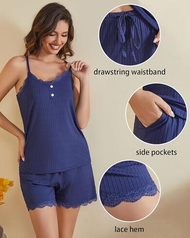 طقم بيجامة نسائي من difficort ملابس نوم منسوجة مضلعة من الدانتيل طقم Pj مع جيوب in Kuwait