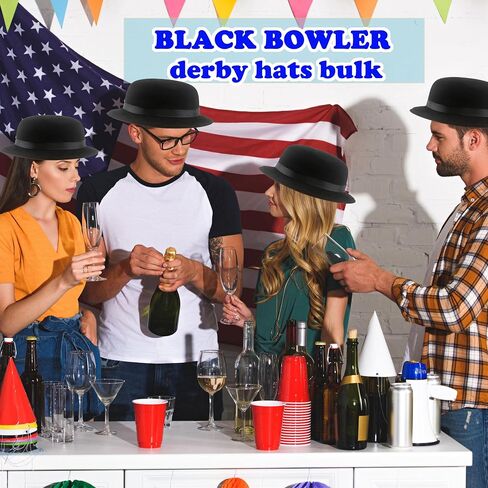 32 Pack Black Bowler Hats Plastic Derby Top Hat Bulk Costume Accessories for Men Women Kids Halloween Masquerades Party Dress up in Saudi Arabia
