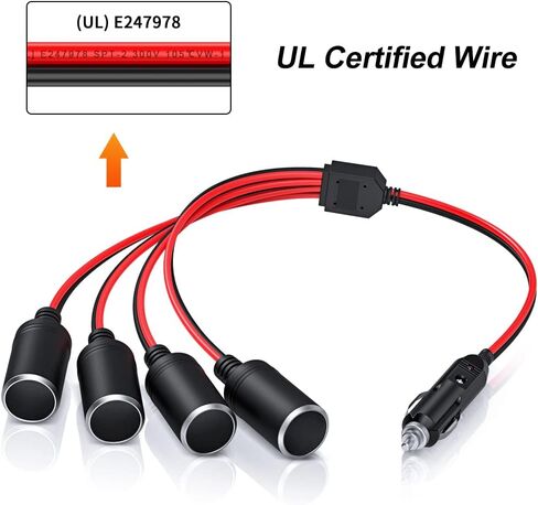 ELECTOP 1 إلى 4 محول ولاعة السجائر في السيارة، منفذ شاحن الطاقة، محول مقبس التوصيل 12 فولت 24 فولت، فاصل 4 اتجاهات، كابل تمديد ولاعة السجائر 12 بوصة 16AWG مع فتيل 15 أمبير in Kuwait