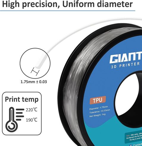 خيوط GIANTARM TPU، خيوط 95A TPU 1.75 مم، دقة الأبعاد +/- 0.03، خيوط طابعة ثلاثية الأبعاد مرنة وناعمة 1 كجم بكرة (2.2 رطل)، تغليف مفرغ (شفاف) in Saudi Arabia