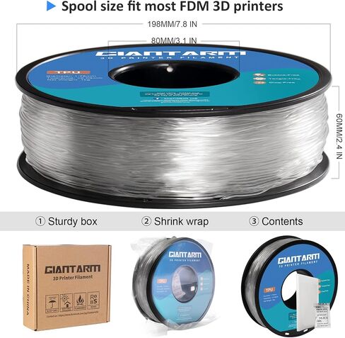 خيوط GIANTARM TPU، خيوط 95A TPU 1.75 مم، دقة الأبعاد +/- 0.03، خيوط طابعة ثلاثية الأبعاد مرنة وناعمة 1 كجم بكرة (2.2 رطل)، تغليف مفرغ (شفاف) in Saudi Arabia