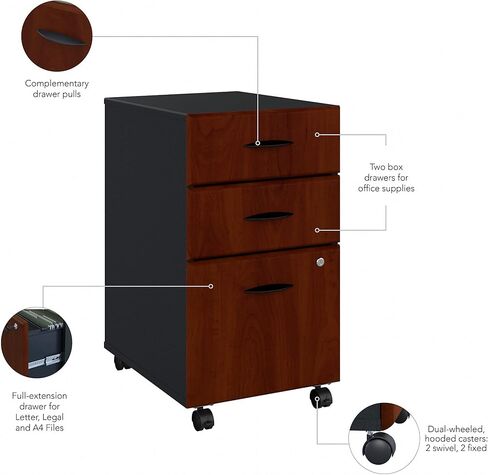 Bush Business Furniture Series A 3 Drawer Mobile File Cabinet in Hansen Cherry & Galaxy - Assembled, Rolling Document Storage for Home or Professional Office in Saudi Arabia