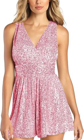 Cicy Bell ثوب فضفاض نسائي بدون أكمام مزين بالترتر ورقبة على شكل حرف V وواسعة الساق وحفلات الكوكتيل المسائية والحفلات النوادي القصيرة الأنيقة in Kuwait