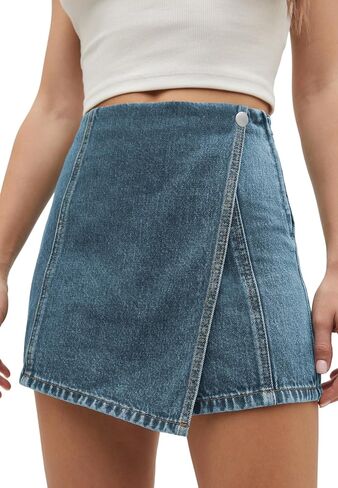 PLNOTME Womens Denim Skorts High Waisted Casual Summer Asymmetrical Hem Criss Cross Jean Skirt Shorts in Saudi Arabia