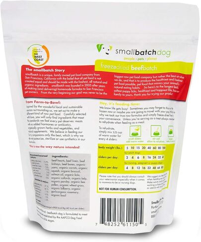 Smallbatch Pets نظام غذائي خام ممتاز مجفف بالتجميد للكلاب، عبوتان، وصفة لحم البقر، 14 أونصة في كل كيس (إجمالي 28 أونصة)، صنع في الولايات المتحدة الأمريكية، منتجات عضوية، لحوم مرتفعة بطريقة إنسانية، ترطب وتقدم الفطائر in Kuwait