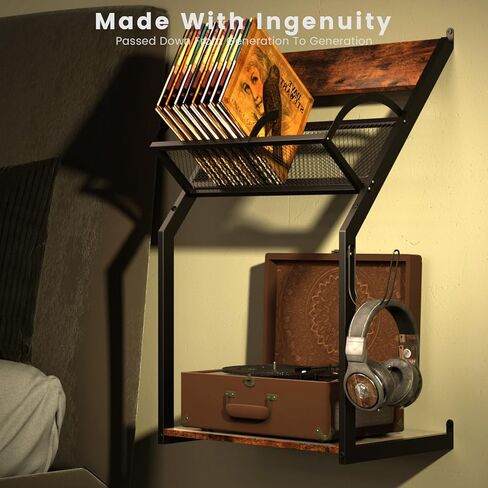 HOYRR Record Player Stand,Turntable Stand,Record Player Table,Wall Mounted Record Player Stand,Vinyl Record Wall Mount,Vintage Ironwood Turntable Stand,Record Player Stand with Storage in Kuwait